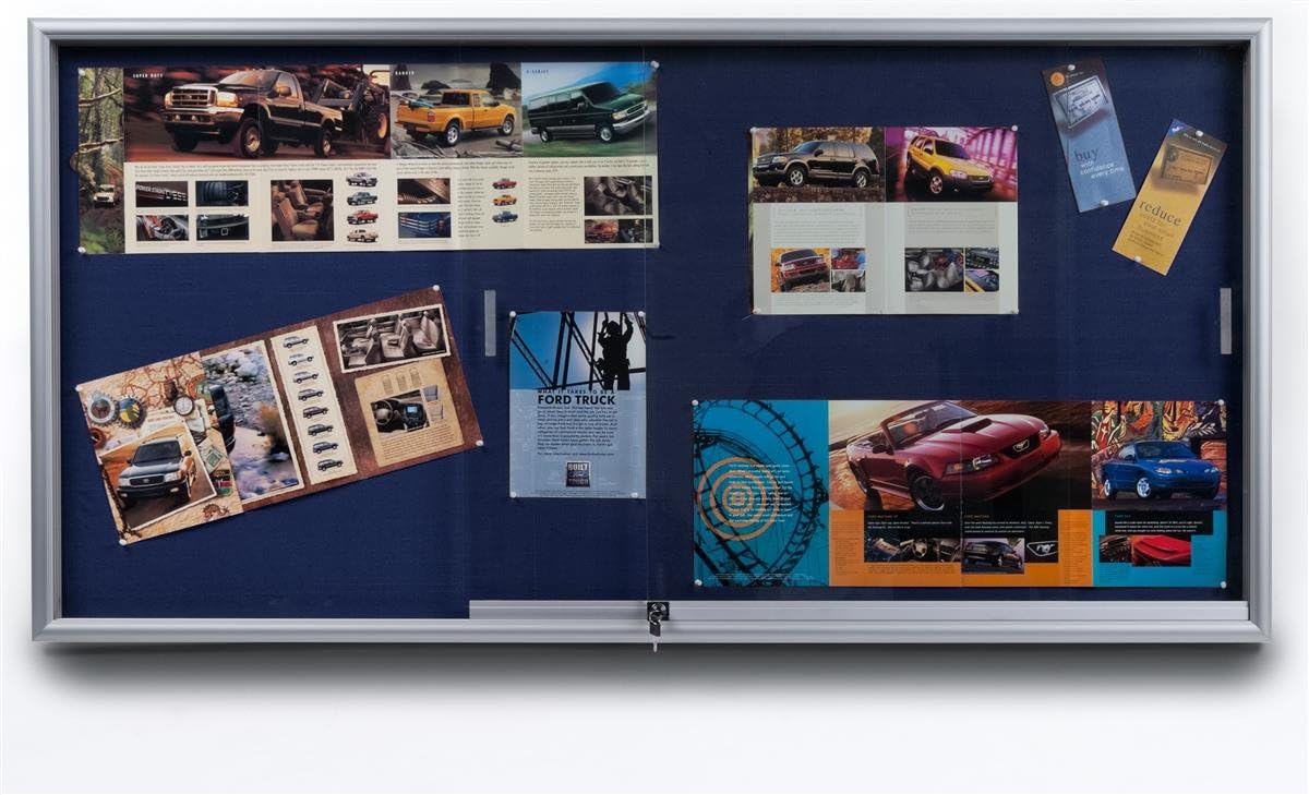 Blue Fabric Bulletin Board with Silver Aluminum Frame, 72 x 36 x 3-Inch, Z-Bar Wall Mounting, Locking Sliding Glass Doors