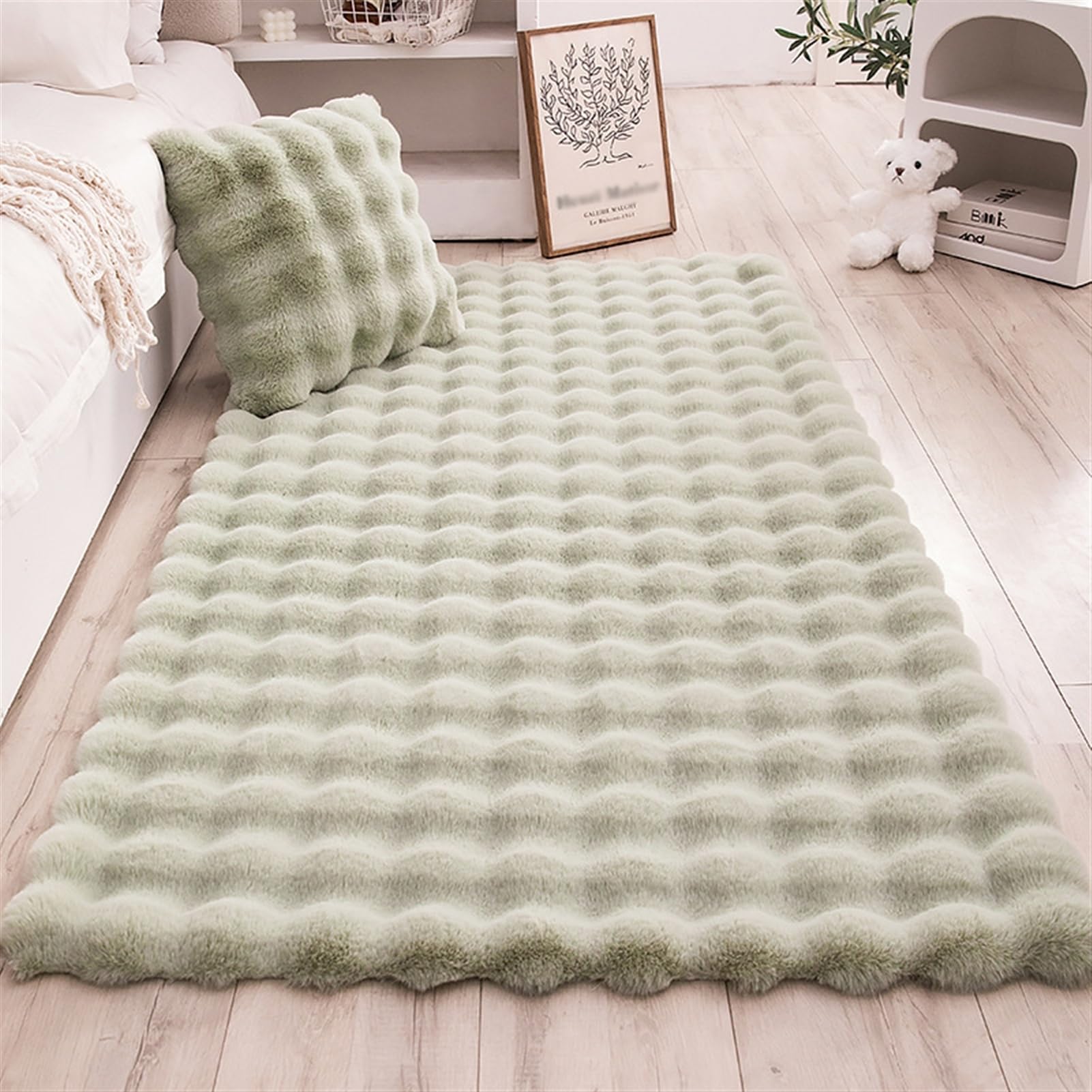 Tapis fausse fourrure lapin vert 50x80 cm pour chambre et salon texture bulles
