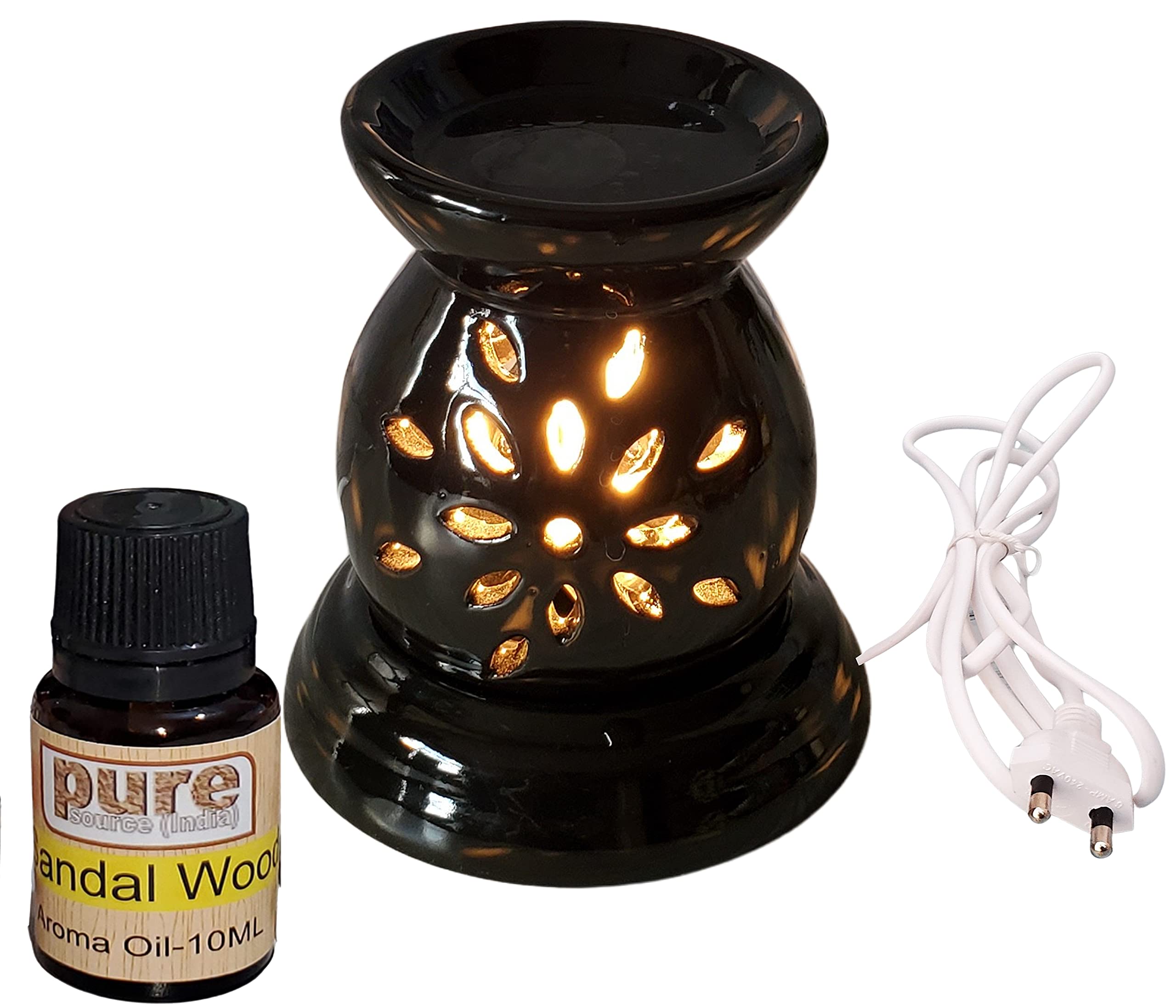 Pure Source India Ceramic Electric Aroma Diffuser Matka Shape Burner with Bulb (Black - with 10 ml Sandalwood Aroma Oil)