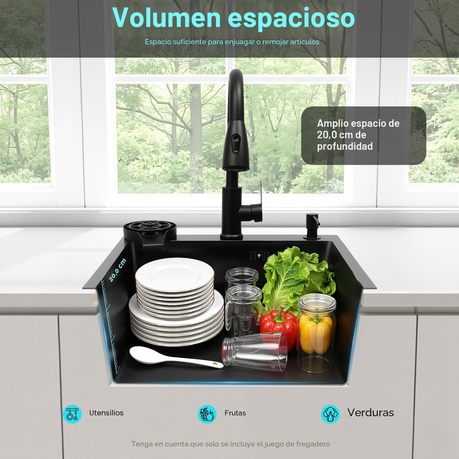 Fregadero empotrable acero inoxidable 50x45 cm negro con grifo dispensador jabón escurridor