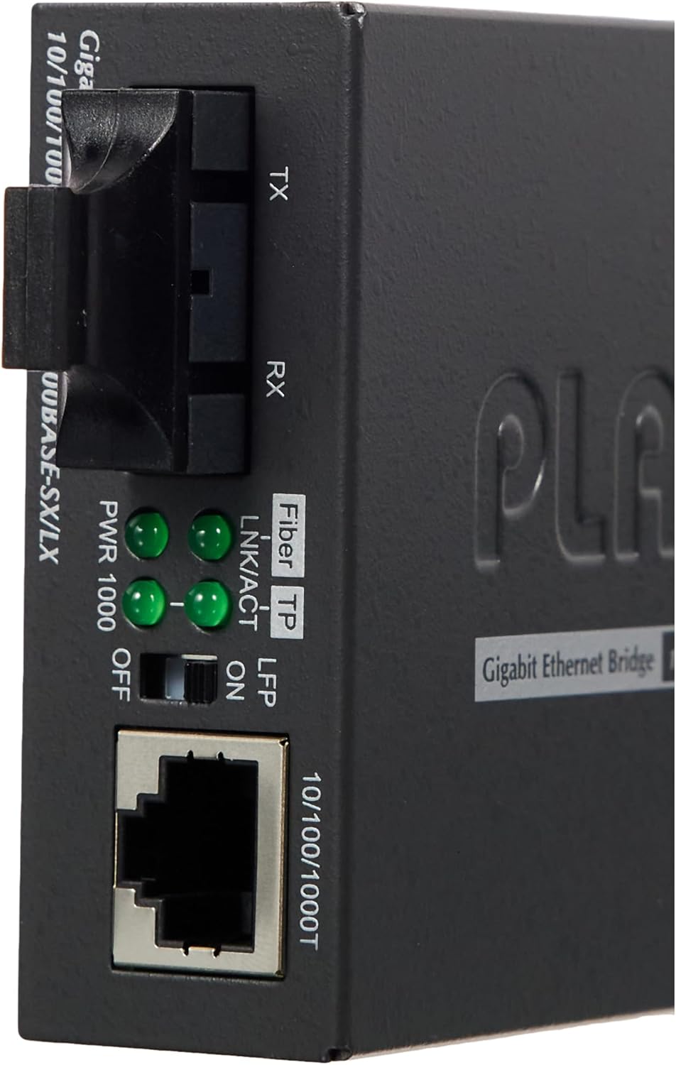 Close-up of the front panel of the GT-802S, detailing the Ethernet port, fiber port, and LED indicators.