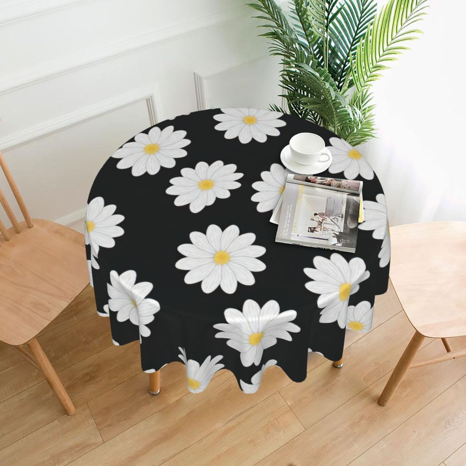 Zcmkjlg White Daisy 2 Print Quick Ship Round Tablecloth 60in Polyester Washable Cover for Dining Room