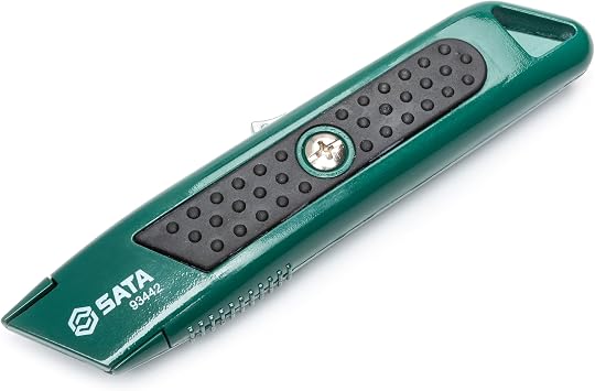 SATA Self-Retracting Utility Knife and 5 Blades, with Quick Blade Replacement and Blade Storage in the Green Nonslip Handle - ST93442SC