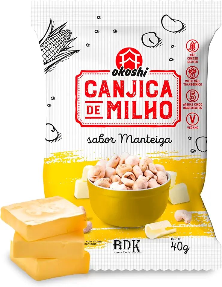 OKOSHI - Canjica de Milho Sabor Manteiga - Pipoca Sabor Manteiga, Snacks Saudáveis de Baixa Caloria, Lanches Fit para a Dieta - Vegano, Sem Glúten, Sem Lactose, Sem Gordura Trans, Kosher - 40g