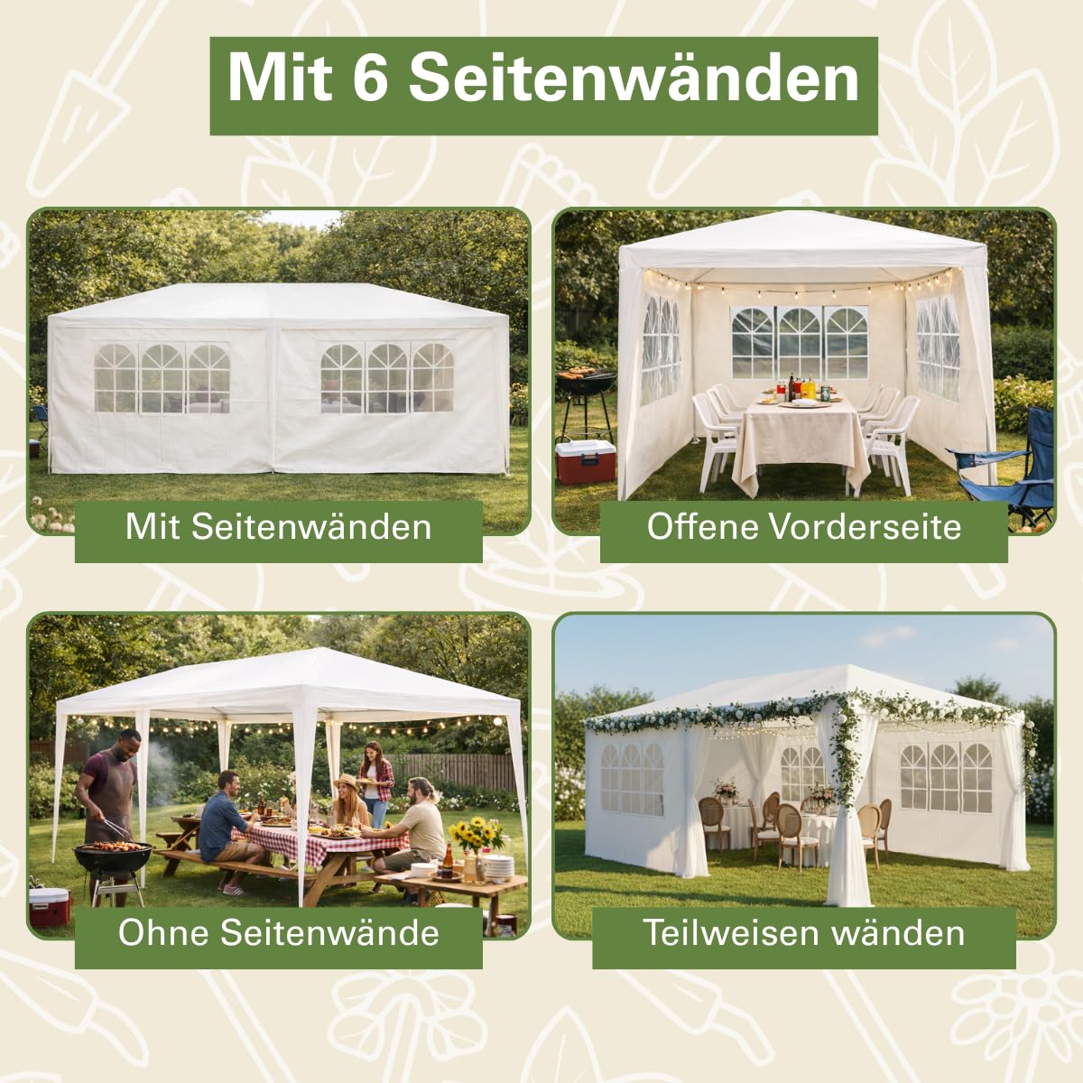 Kinzo Pavillon 3x6 m - Partyzelt für 70 Personen - Gartenpavillon mit 6 Seitenwänden und Firsthöhe 2,5 m - Party Zelt Wasserdicht und UV-beständig - Weiß