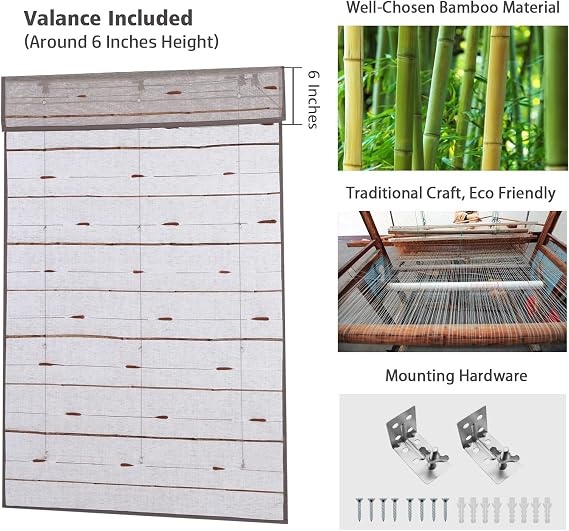 Bamboo Roman Shades with Valance, Flax Reed Cordless Custom Blackout Room Darkening Woven Wood Shades, Natural Bamboo Window Shades for Indoor Windows with Edge