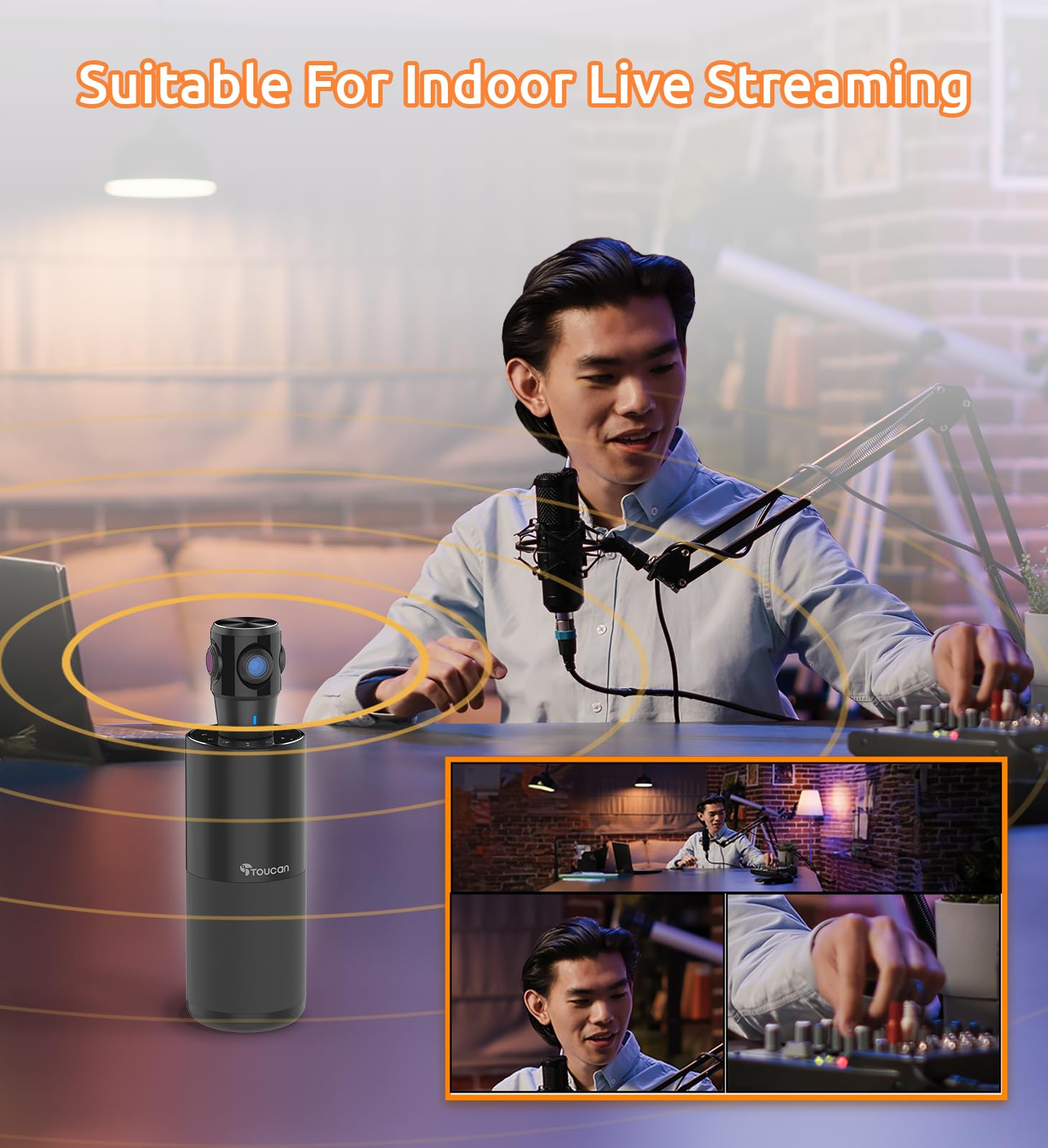 TOUCAN Cámara de videoconferencia de 360 grados, cámara web HD de 1080p con 4 micrófonos de reducción de ruido, altavoz, seguimiento de IA, funciona con zoom, Google Voice, Microsoft Teams y más, para