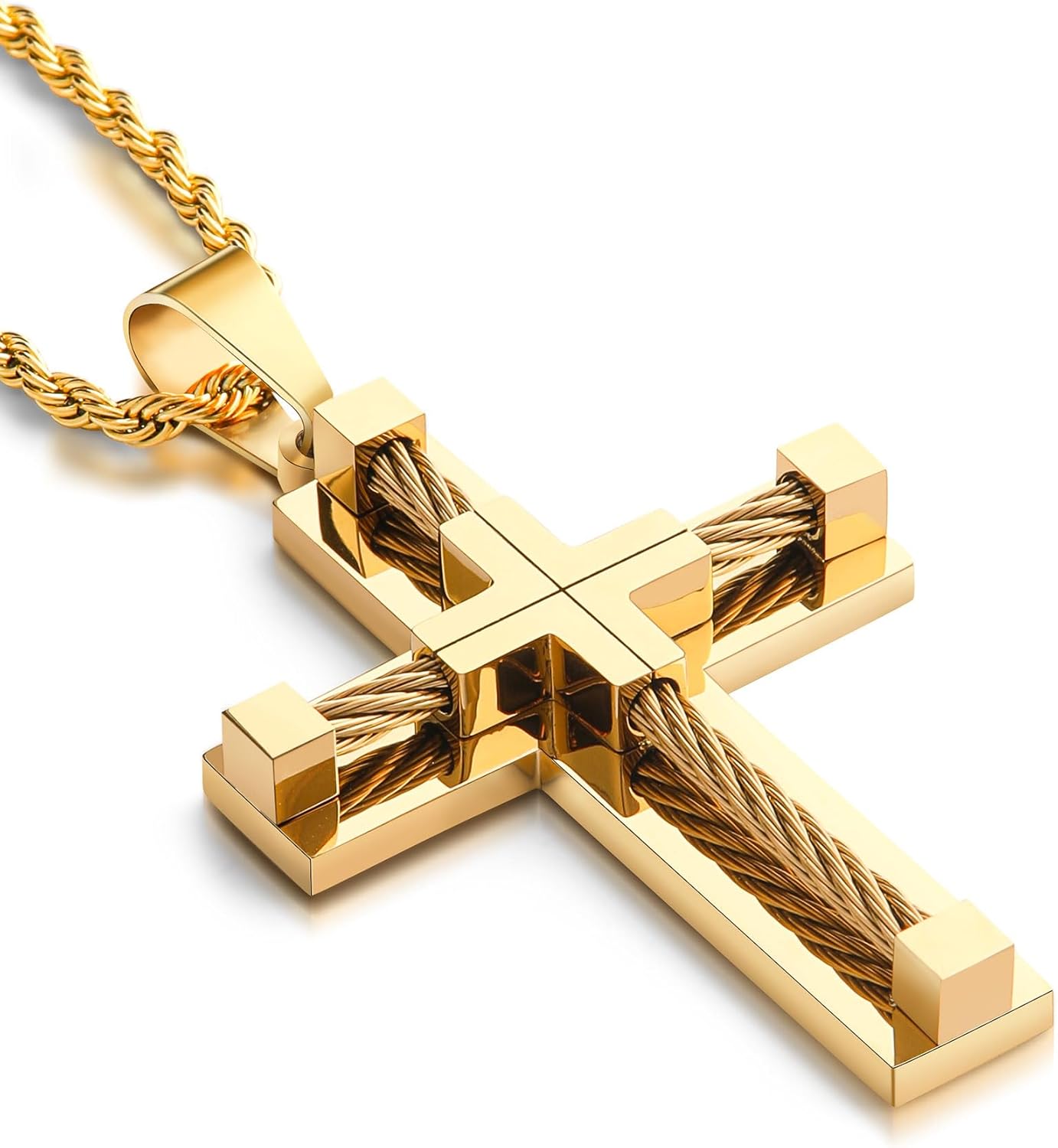 Stainless Steel Cross Necklace Men Women - 18K Gold Plated Crucifix Pendant - Rope Christian Religious Faith 3mm Rolo Chain Jewelry Present