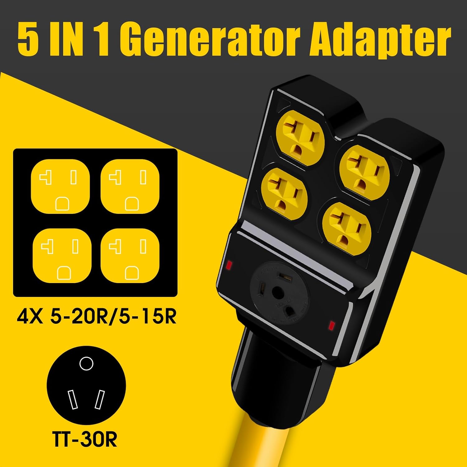NEMA TT-30P to 4X 5-20R/5-15R&TT-30R Generator Adapter Extension Cord, 3 Prong 30 Amp to 110V,Twist Locking to 15 Amp/20 Amp Household Outlet, 125V 3750 Watts, ETL Listed (10FT)