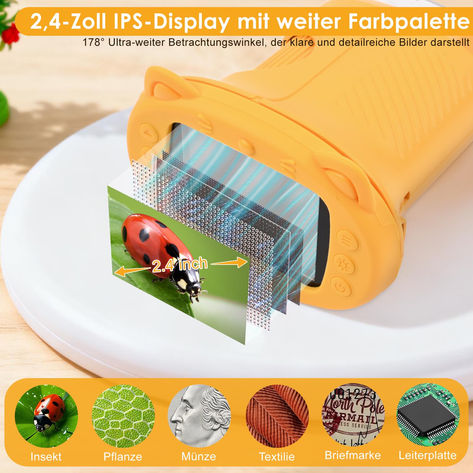 Mikroskop für Kinder 1000X 4K Digitales Mikroskop für Kinder mit 1080P HD 2,4″ IPS-Display & 8 LED, 1080P HD Tragbares Mikroskops,USB-aufladbar,Science Draussen ab 3 Jahren (Orange)