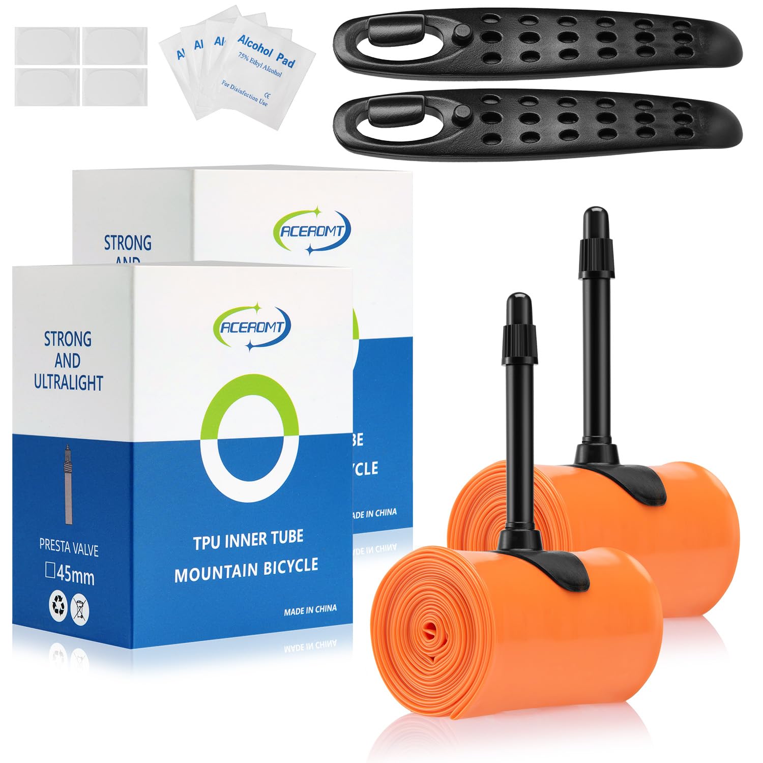 2-Pack ACEROMT TPU Inner Tube 700c x 18c-32c with 45mm 65mm 85mm Presta Valves, 28g Lightweight 700c Bike Tube TPU Portable Spare Bike Tube with Bike Tire Levers and Bike Tire Patch Kit