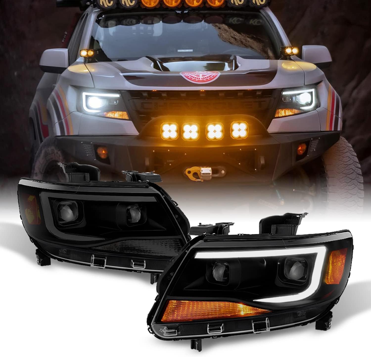 AKKON - For [Black Smoke] 2015-2022 Chevy Colorado Frost White LED DRL Dual Square Projector Headlights Set
