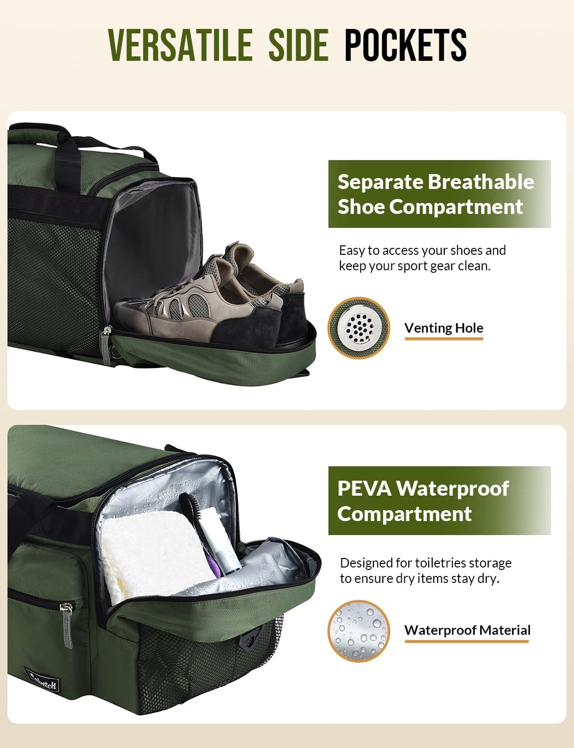 Gym Bag for Men Women with Shoes Compartment 3-in-1 Sports Travel Duffel Bag Multipurpose Weekender Overnight Backpack with Wet Pocket - Green - Image 4