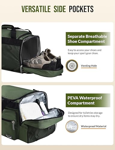 Miniatura 4 de Bolsa de gimnasio con compartimento para zapatos, bolsa de viaje deportiva 3 en 1, mochila de viaje para fin de semana con bolsillo húmedo, Verde