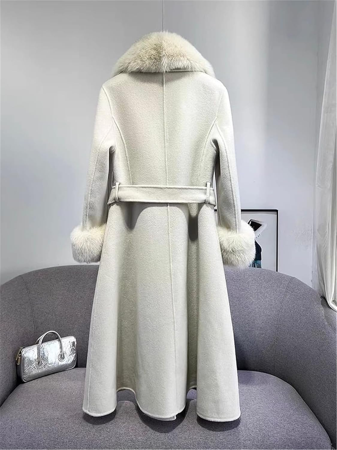 Youlander Fur FE-05 Long Coat With Real Fox Fur Big Collar And Big Cuffs And Belt For Women Soft Jacket Wool Coats size small