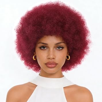 8 Inch 70s Afro Kinky Wigs for Black Women Burgundy Puff Curly Wigs for Women Kinky Curly Hair Wig Natural Looking Afro Synthetic Full Wig
