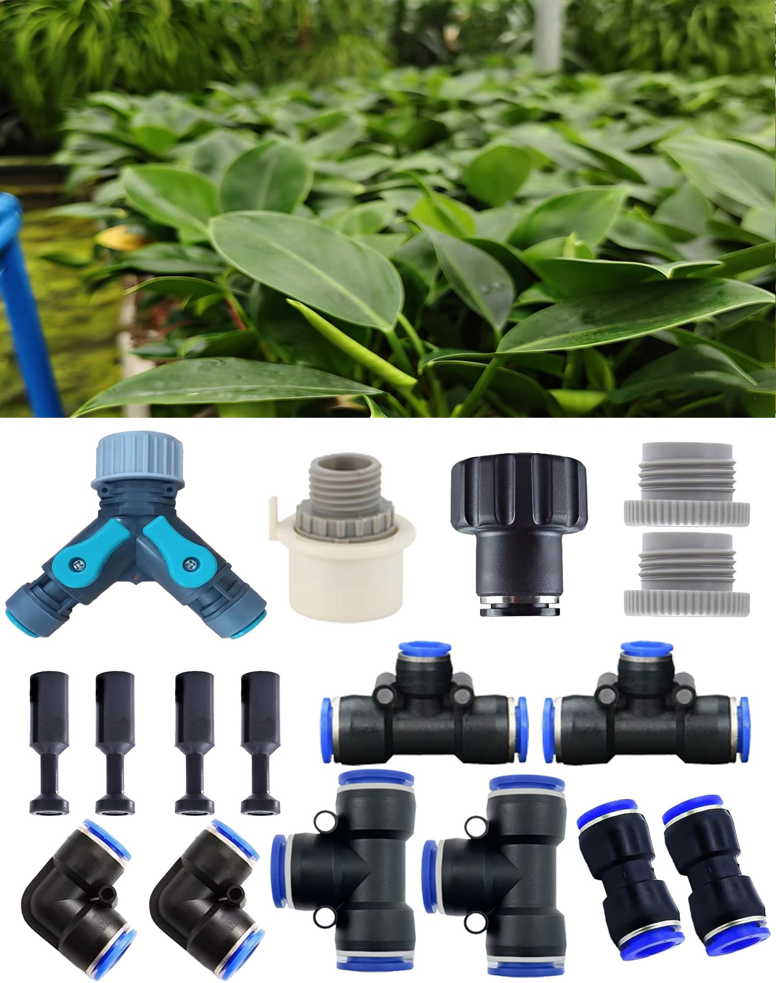 Water-Saving Drip Irrigation Fitting Kit with Y-Splitter, Universal & Quick Connect Adapters, Elbows, Tees, Easy DIY Garden Watering System for Flowers