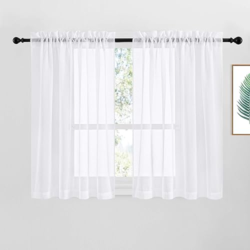 NICETOWN Cortinas blancas transparentes para dormitorio, con bolsillo para barra, textura de lino sintético, panel de cortina de gasa transparente