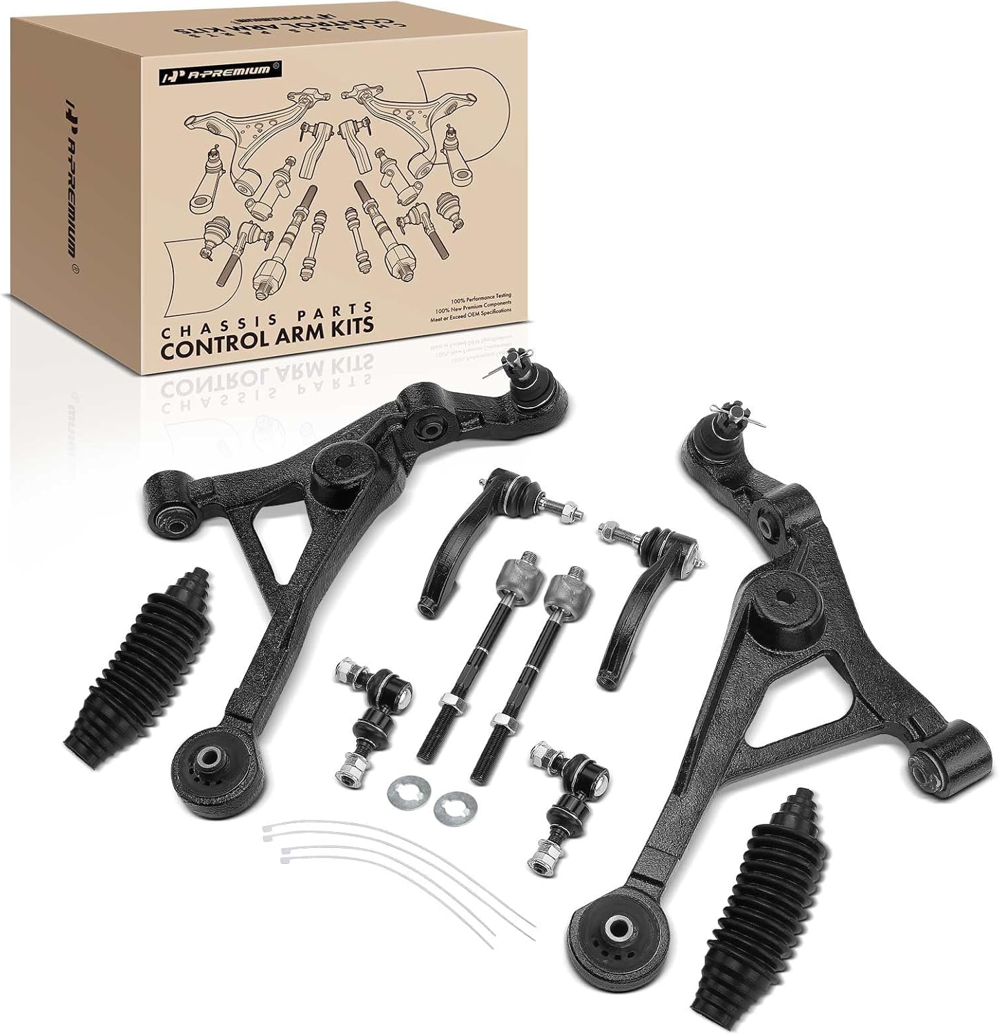 A-Premium Set of 10, Front Lower Control Arm, Inner & Outer Tie Rod End, Front or Rear Sway Bar Link, Compatible with Chrysler Sebring 96-06, Cirrus 95-00, Dodge Stratus 95-06, Plymouth Breeze 96-00