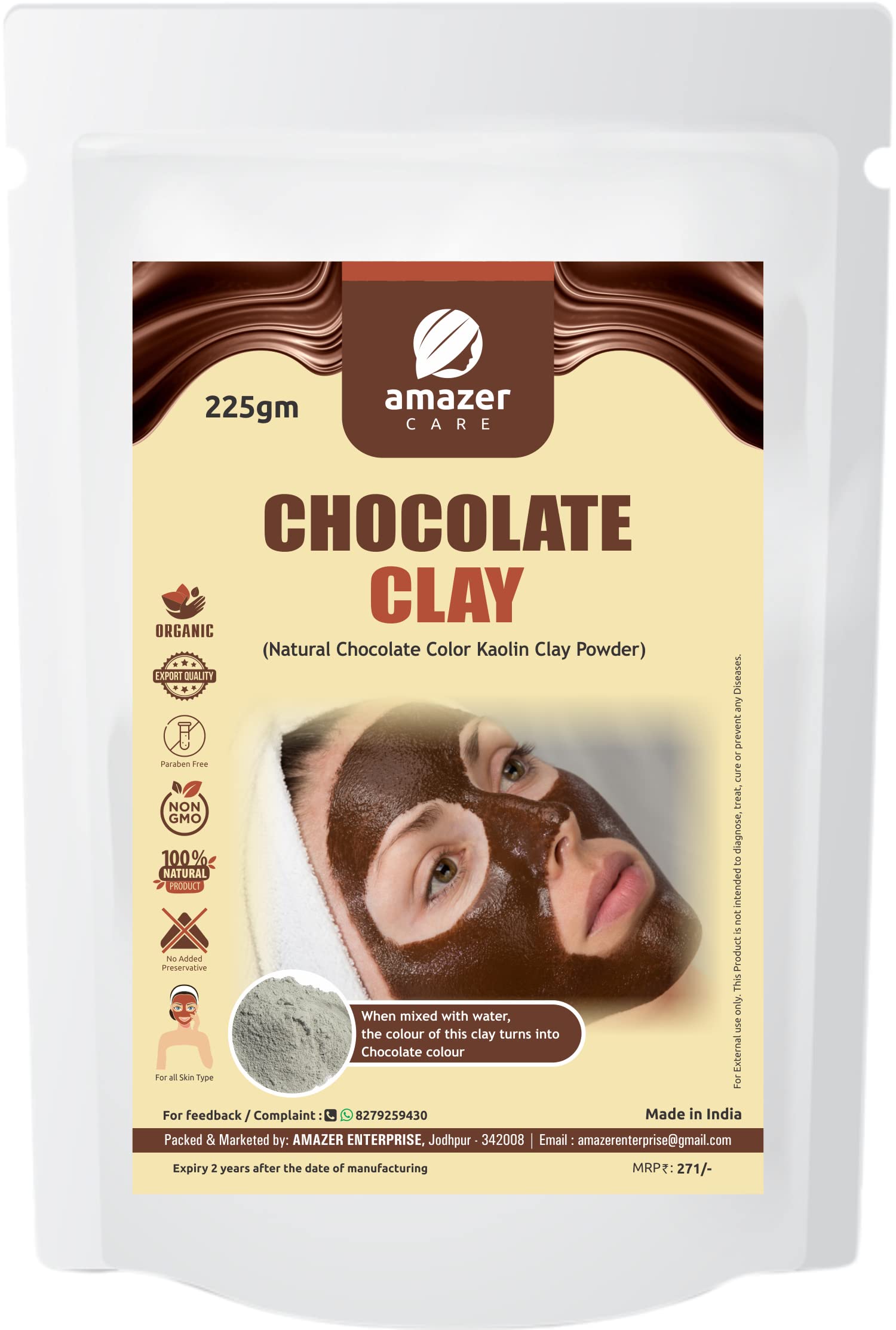AmazerCare Chocolate Clay Powder (Natural Kaolin Clay of Chocolate Color) for Face, Body & Hair (225gm, 1 Zipper Pouch)