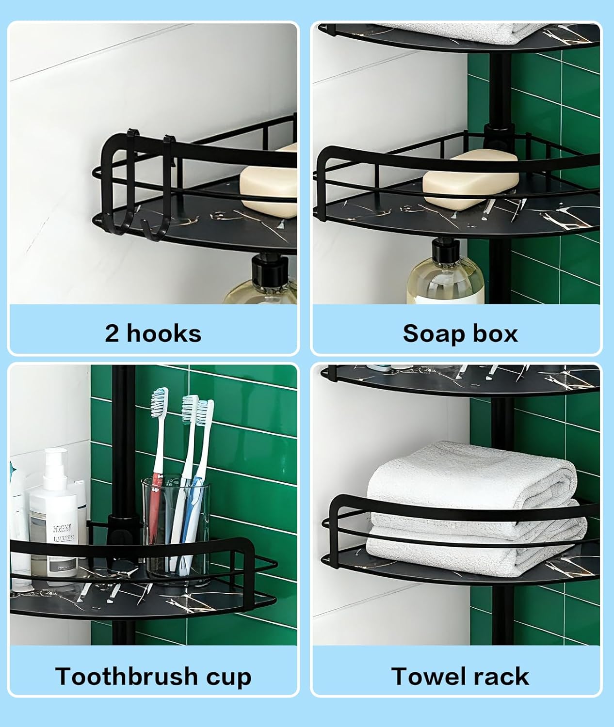 Corner Shower Caddy Tension Pole 4-Tier Bathroom Organizer, Height-adjustable bathroom shelf, Stainless Steel Corner Shower Shelf 33.6-124.6 inchs (33.6-124.6 inchs)