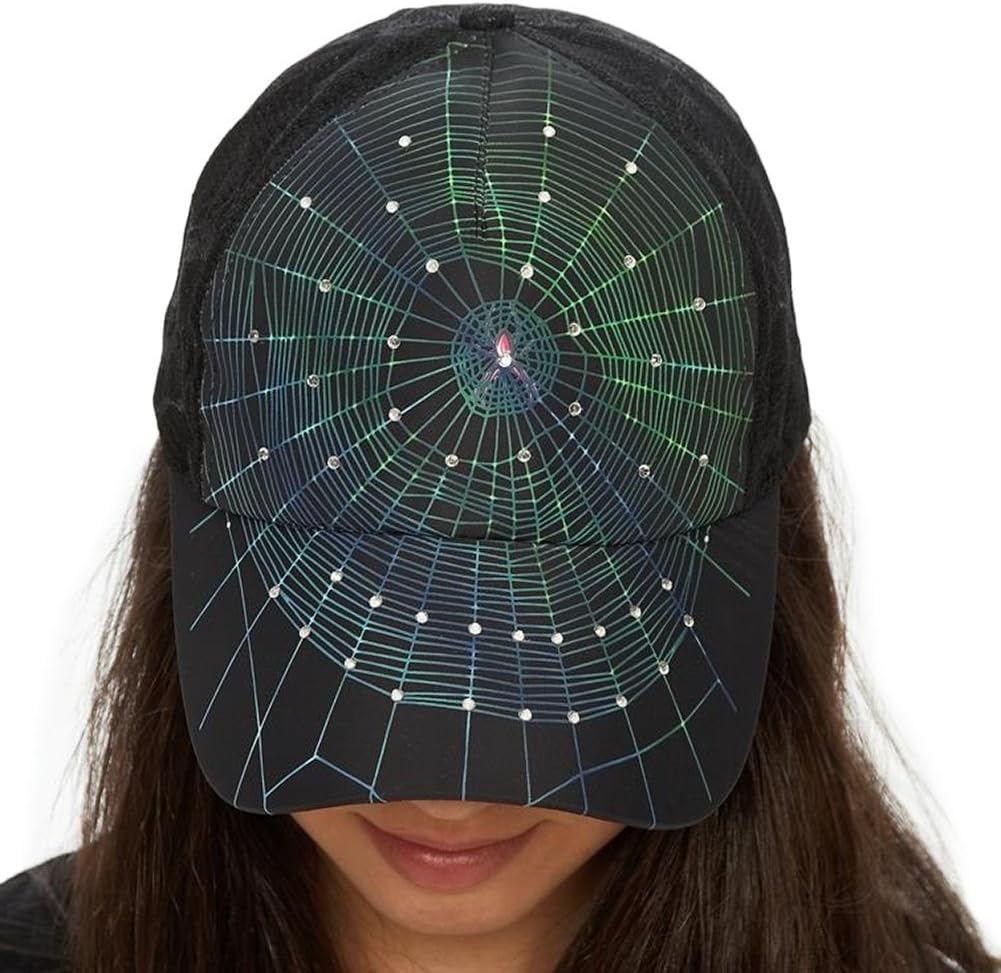 Lacey Hats Sublimated Spider Web Design Lace Baseball Cap with Rhinestones Black
