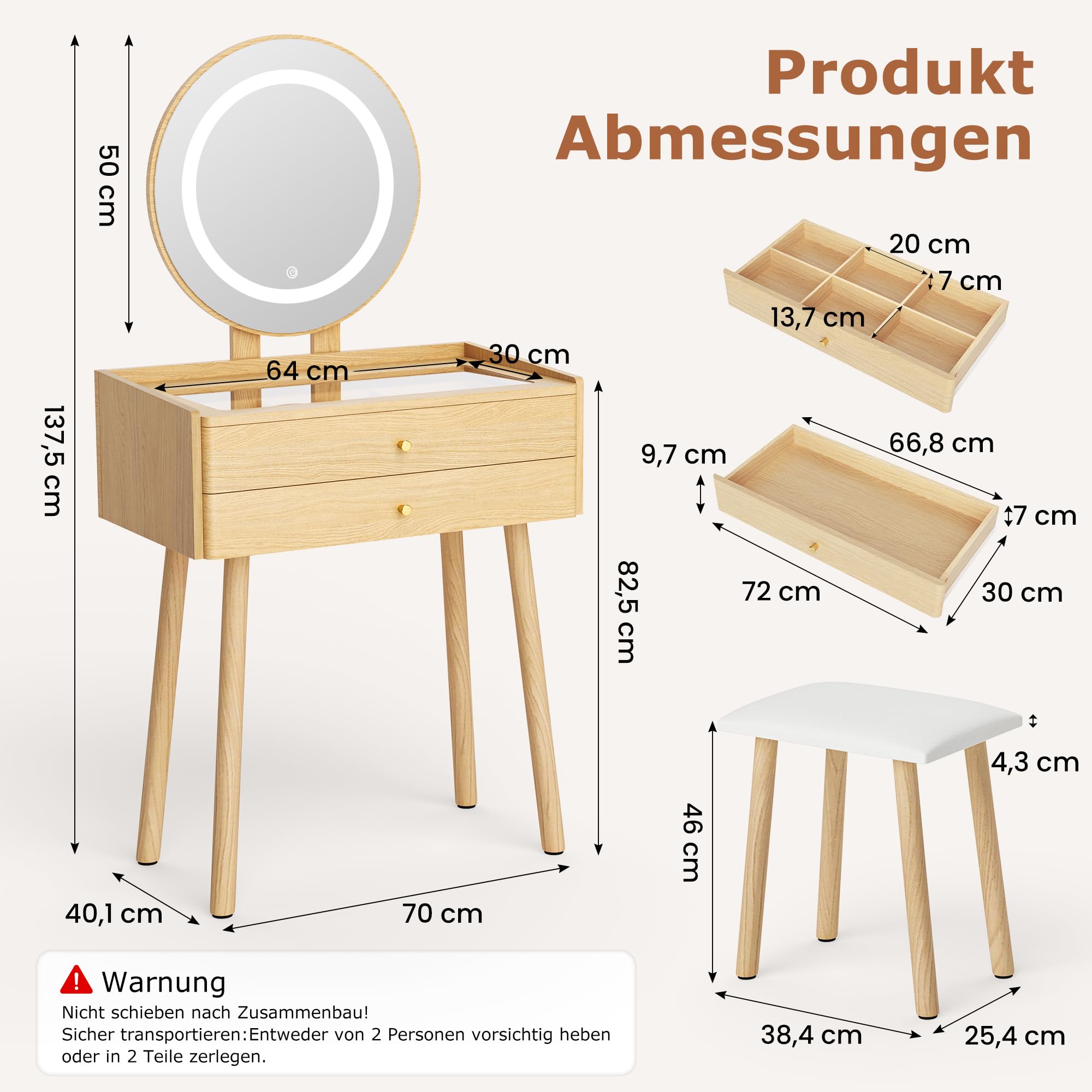 Pamapic Schminktisch, Schminktisch mit Verstellbarem LED Beleuchtung & Gepolstertem Hocker, Frisiertisch mit Sichtglasplatte Für Das Schlafzimmer, Natur