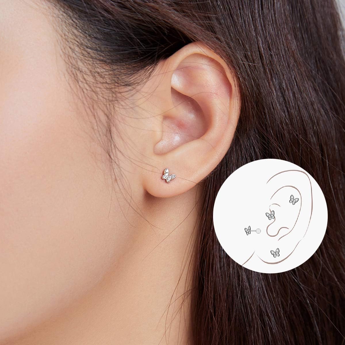 BISAER 925 Sterling Silver Tiny Butterfly Heart Star Earrings With Screw Back Cubic Zirconia Stud Earrings for Women Cartilage Jewelry - Image 2