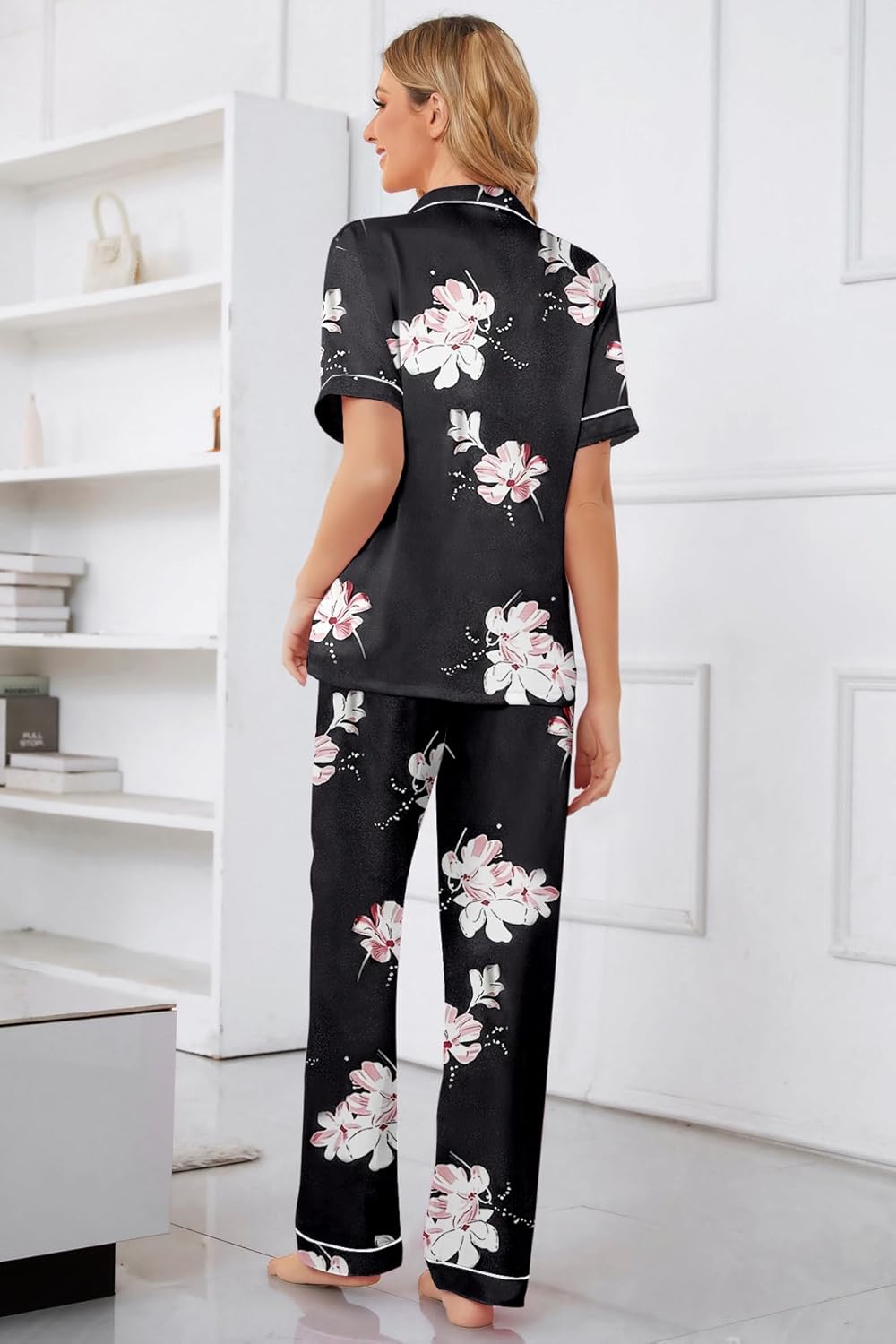 Umeyda Girls Womens Pajamas Set, Satin Silky Button Down Loungewear 2 Piece Short Sleeve Pants PJS Sets for Mommy Kids - Image 6