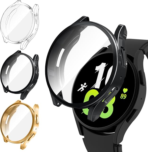 Kamita [3 sztuki] Etui kompatybilne z Samsung Galaxy Watch 6 40 mm, miękkie ultracienkie tworzywo TPU, pełne pokrycie, etui ochronne do Galaxy Watch 6 (przezroczyste + czarne + złote)