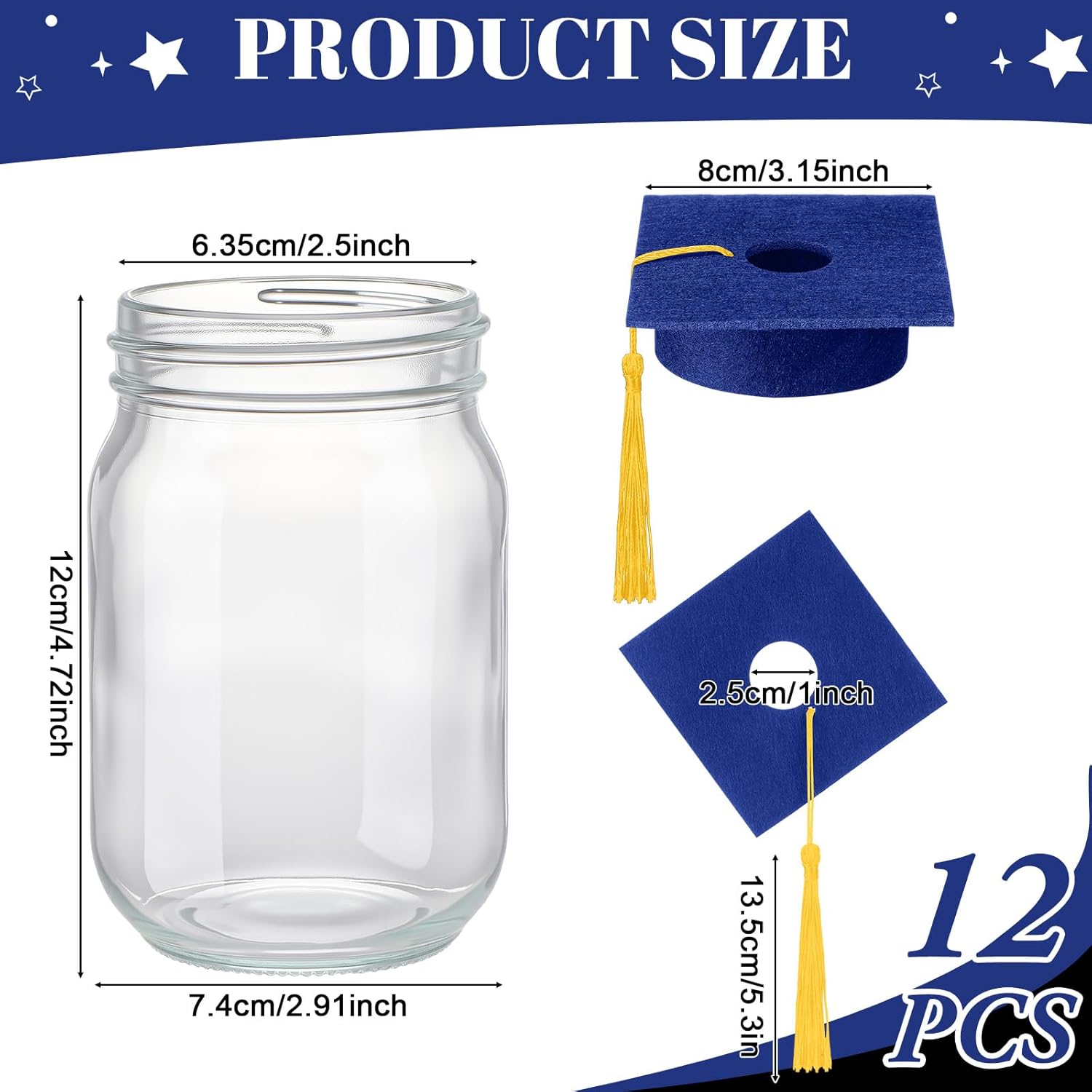 Qinyoung 12 Pcs 2026 Graduation Table Decoration Centerpiece Class of 2026 Graduation Decoration for Table Mason Jar with Grad Cap for Centerpiece Flower College High School Congrat Grad Party (Blue)