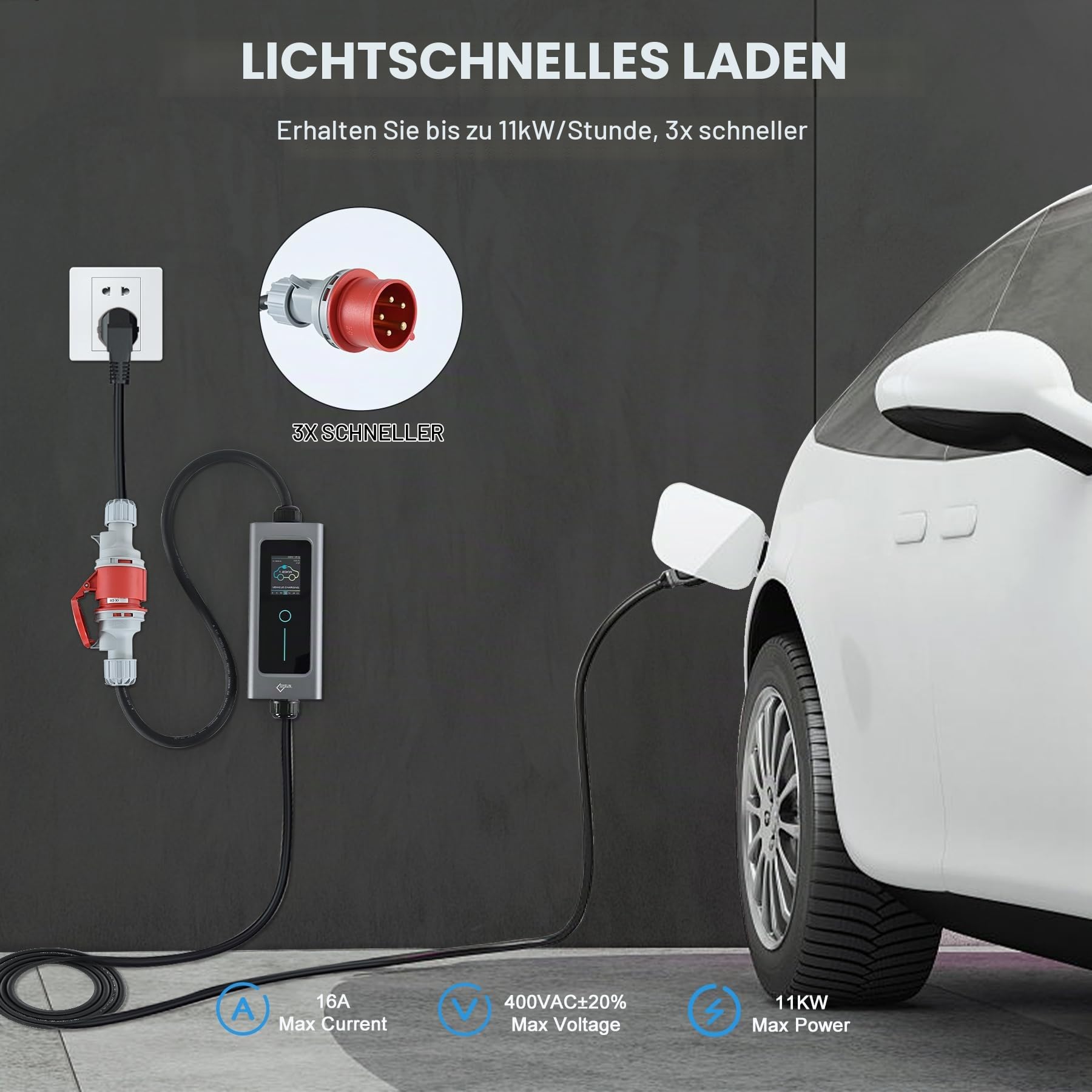 Mobile Wallbox 11 kW, 3-phasig, mit Typ 2 Ladekabel, 6-16 A, 5 m