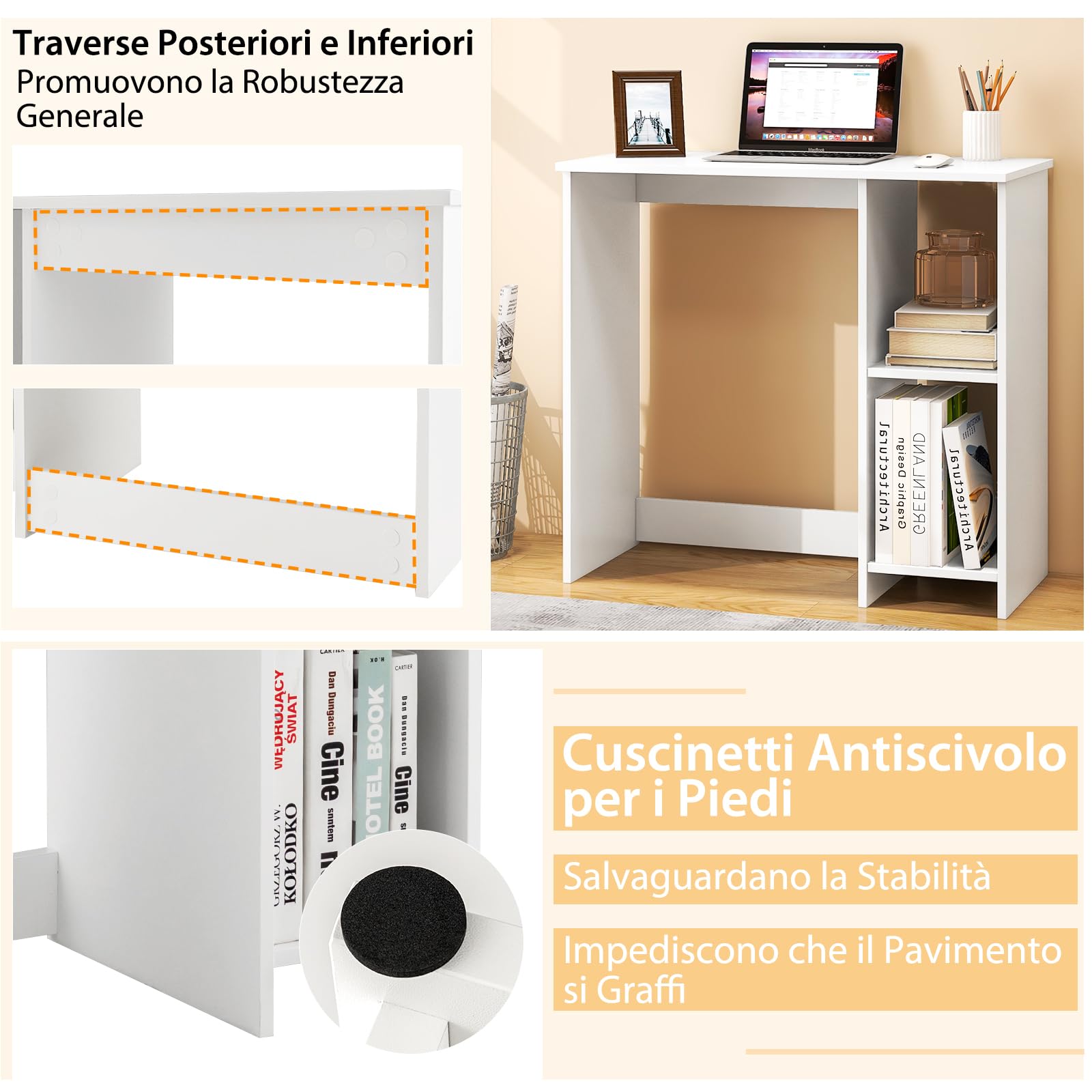 COSTWAY Scrivania per Computer in Legno con 2 Ripiani per Ambienti Piccoli, Scrivania Moderna e Salvaspazio da Casa e Ufficio, 80 x 40 x 74 cm (Bianco)
