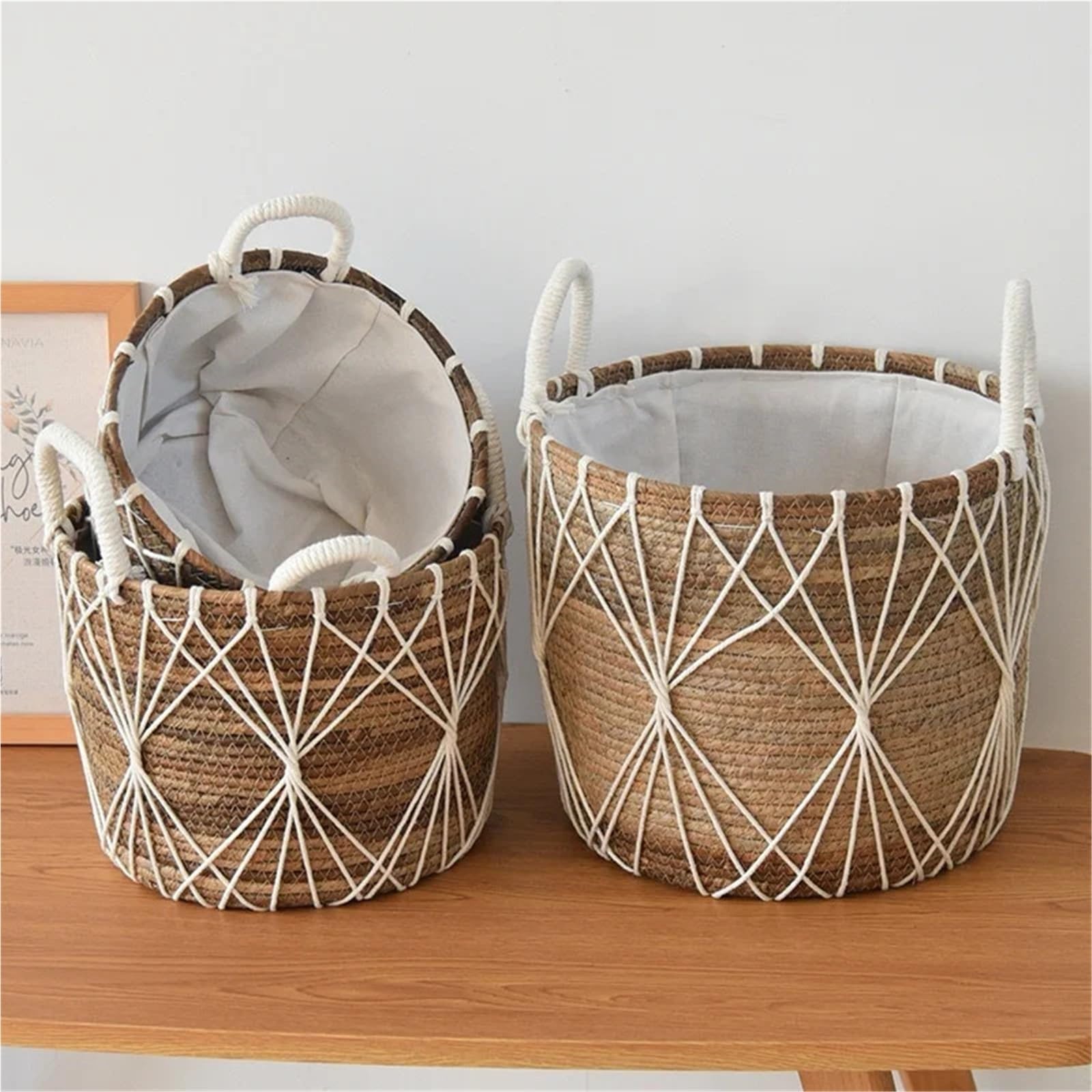 Macetero Mimbre Cesta for macetero de Interior Algas Marinas con Forro, cestas Mimbre Tejidas a Prueba Agua for Plantas, Maceta for decoración jardín y hogar(32CM)