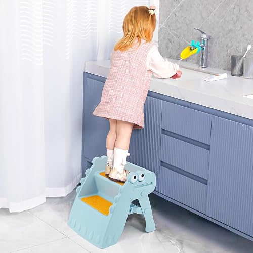 Growaystory Marchepied Pliable pour Enfant, 2 marches, Antidérapant, Anti-basculement, Marche Enfant pour Salle de Bain et Cuisine (Bleu) - 9