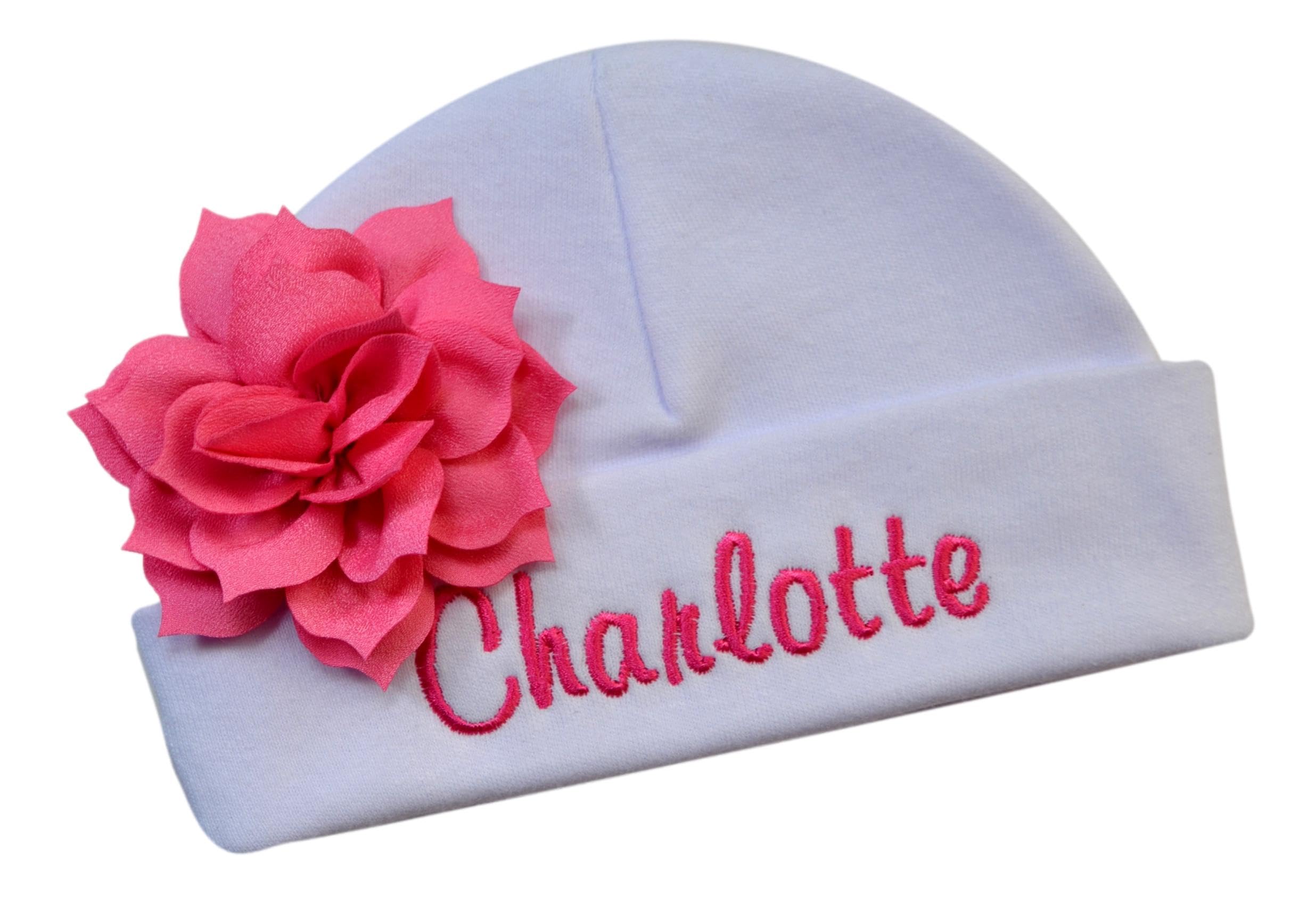 Personalized Embroidered Baby Girl Hat with Lotus Flower and Your Custom Name (White Hat/Medium Pink Flower)