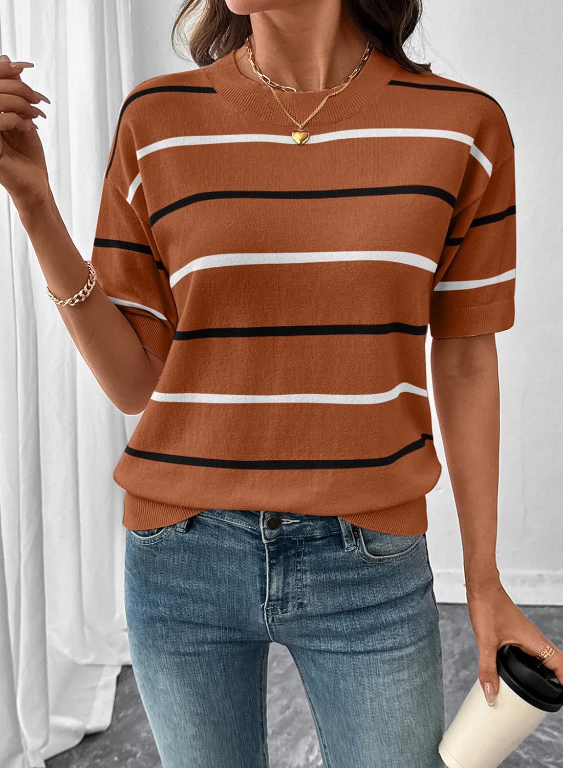 SHEWIN Womens Tops Crewneck Short Sleeve Sweater Pullover Knit Striped Shirt Spring Outfits for Women 2026 - Image 3