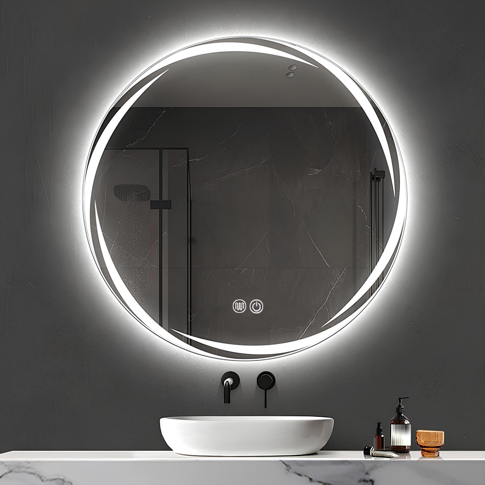 FGXHHS 50/60/70/80cm Round Wall Mounted with LED Light, Anti-Fog Large Circle Makeup Mirror, 3-Color Dimmable Touch Control(50cm/19.7in)