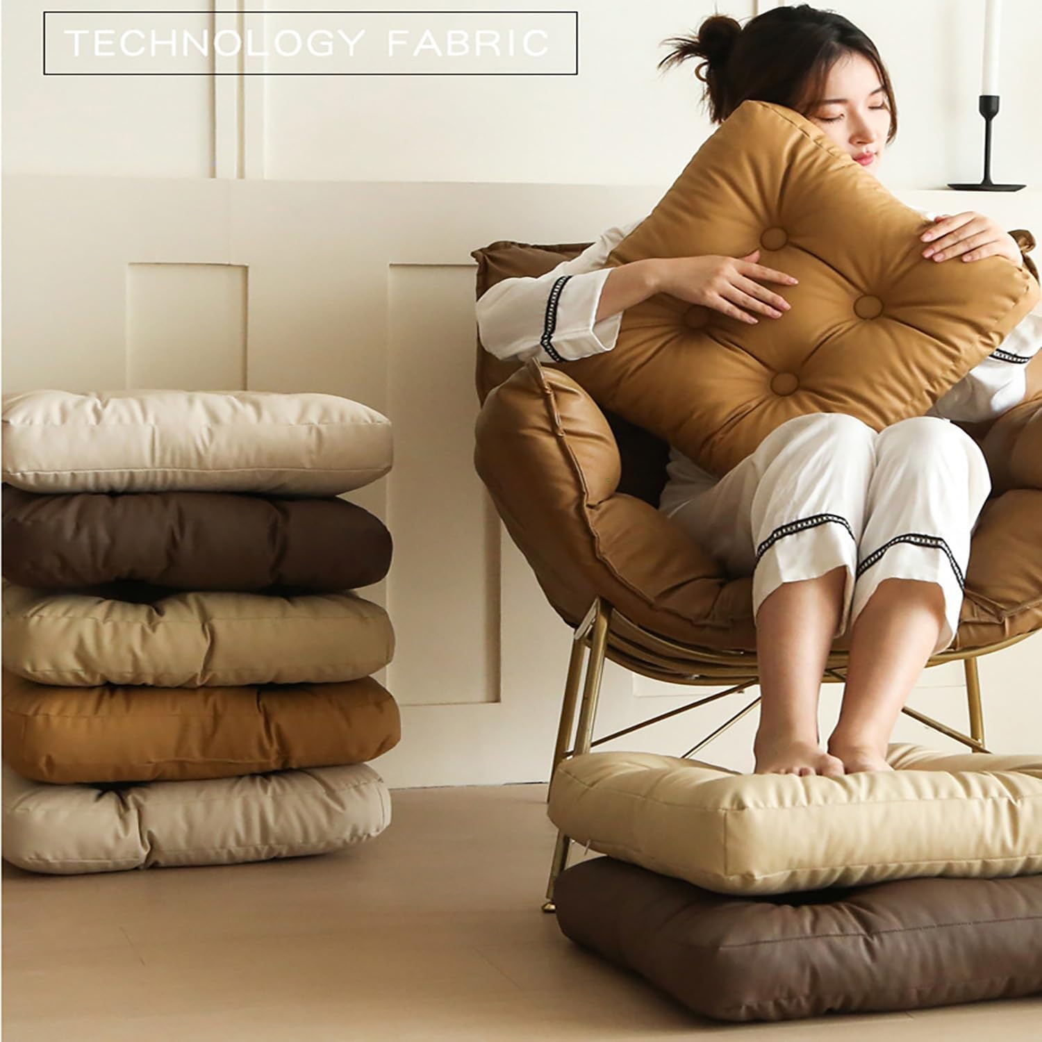 Armchair Booster Cushion Large 4" Thick Seat Pad Soft Touch Hand Tufted Floor Cushions Chair Pads Waterproof Faux Leather for Living Room Kitchen Garden(Beige,2 Pieces)