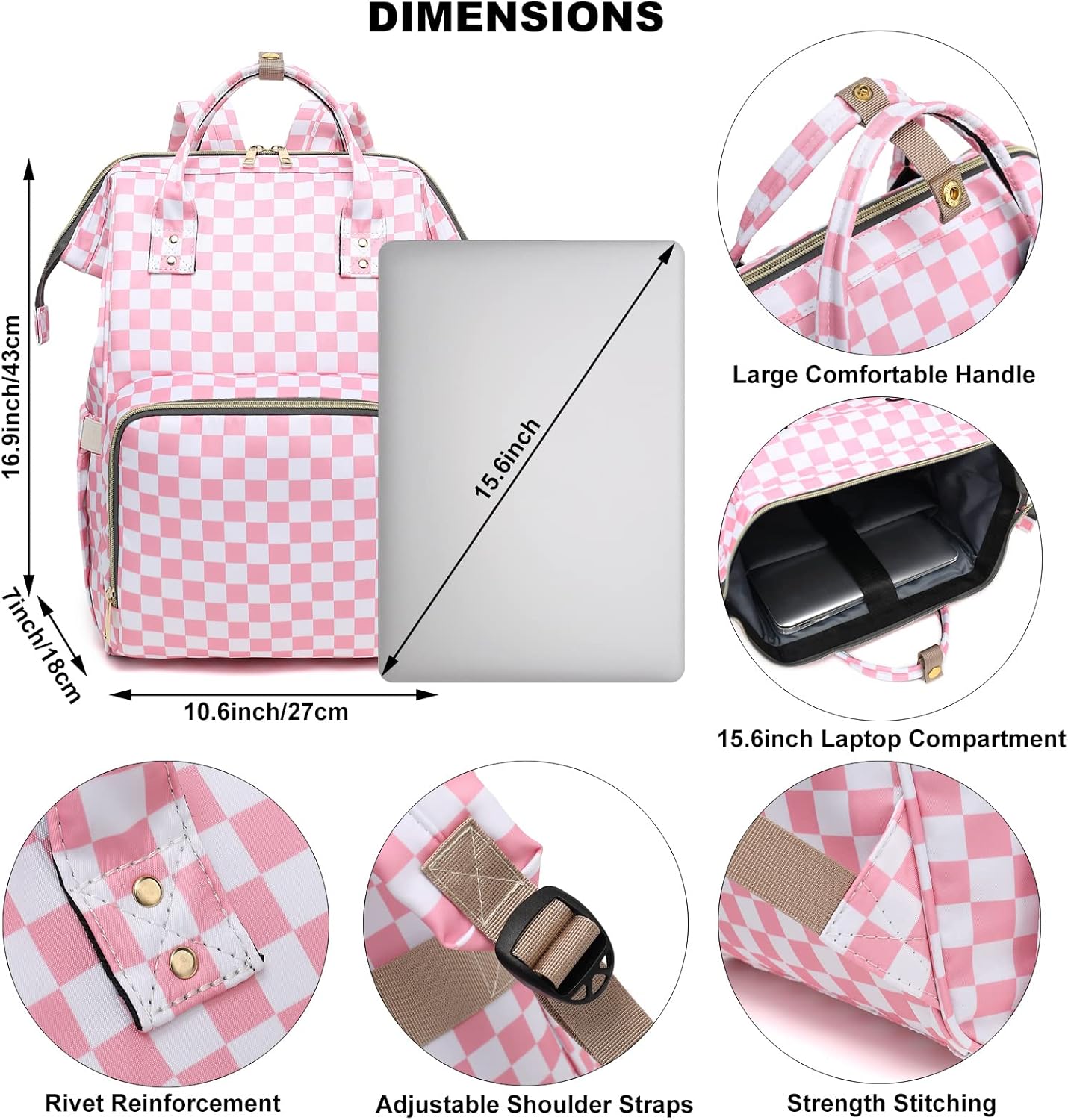 Checkered Laptop Backpack for Women, College Bookbag School Backpack Work Business Travel 15.6 Inch Computer Backpacks (Pink) - Image 5