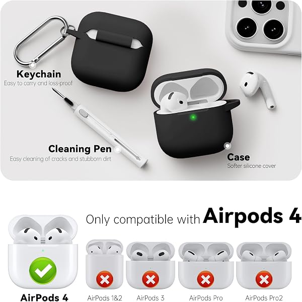 Inesore Compatible with Airpods 4 Cases Cover,Silicone Protective Case for Apple Airpods 4 ANC Version, Support Wireless Charging and Front LED Visible, with Cleaner Pen,Black - 2