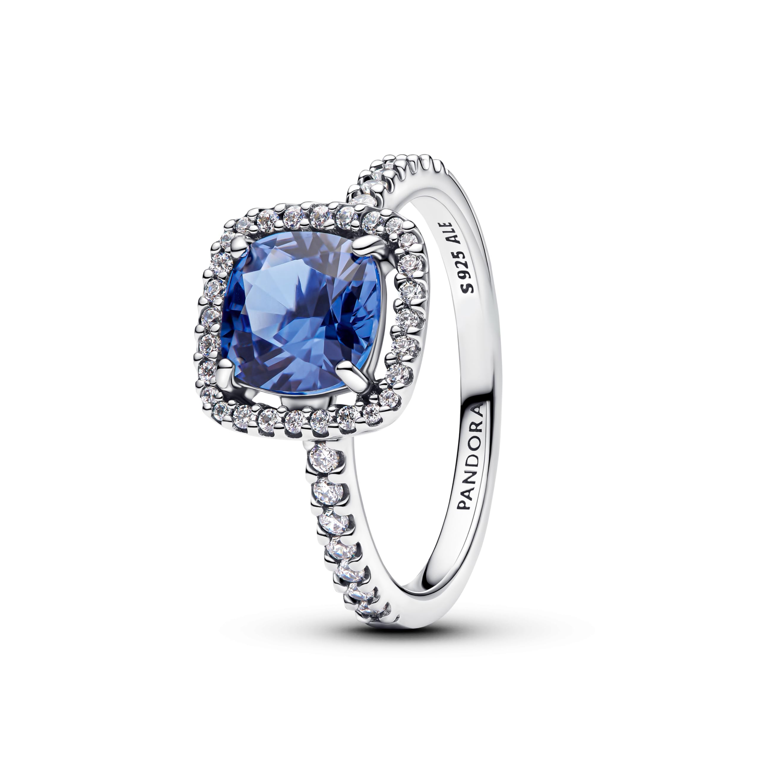 Pandora Anillo de plata cuadrada brillante azul aureola 193550C01 para mujer