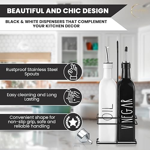 Miniatura 5 de Dispensador de aceite y vinagre - Dispensador de vinagre y oliva de granja - Dispensador de aceite de oliva chic - Botella blanca y negra con