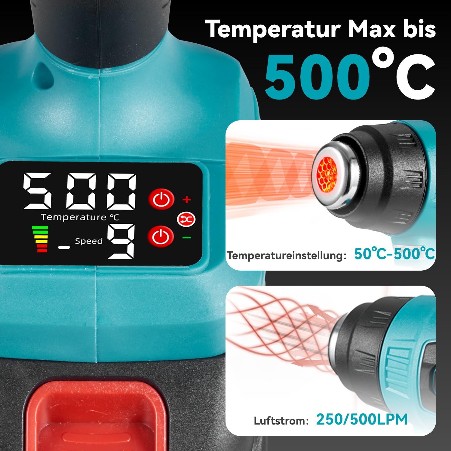 Yofidra Pistola ad Aria Calda, 500°C Max, 9 Velocità, Pistola Termica a Batteria, con Display LCD, 3 Ugelli, 2 Batterie 3,0 Ah Ideale per Rimozione Vernice, Lavori Artigianali e Fai Da Te