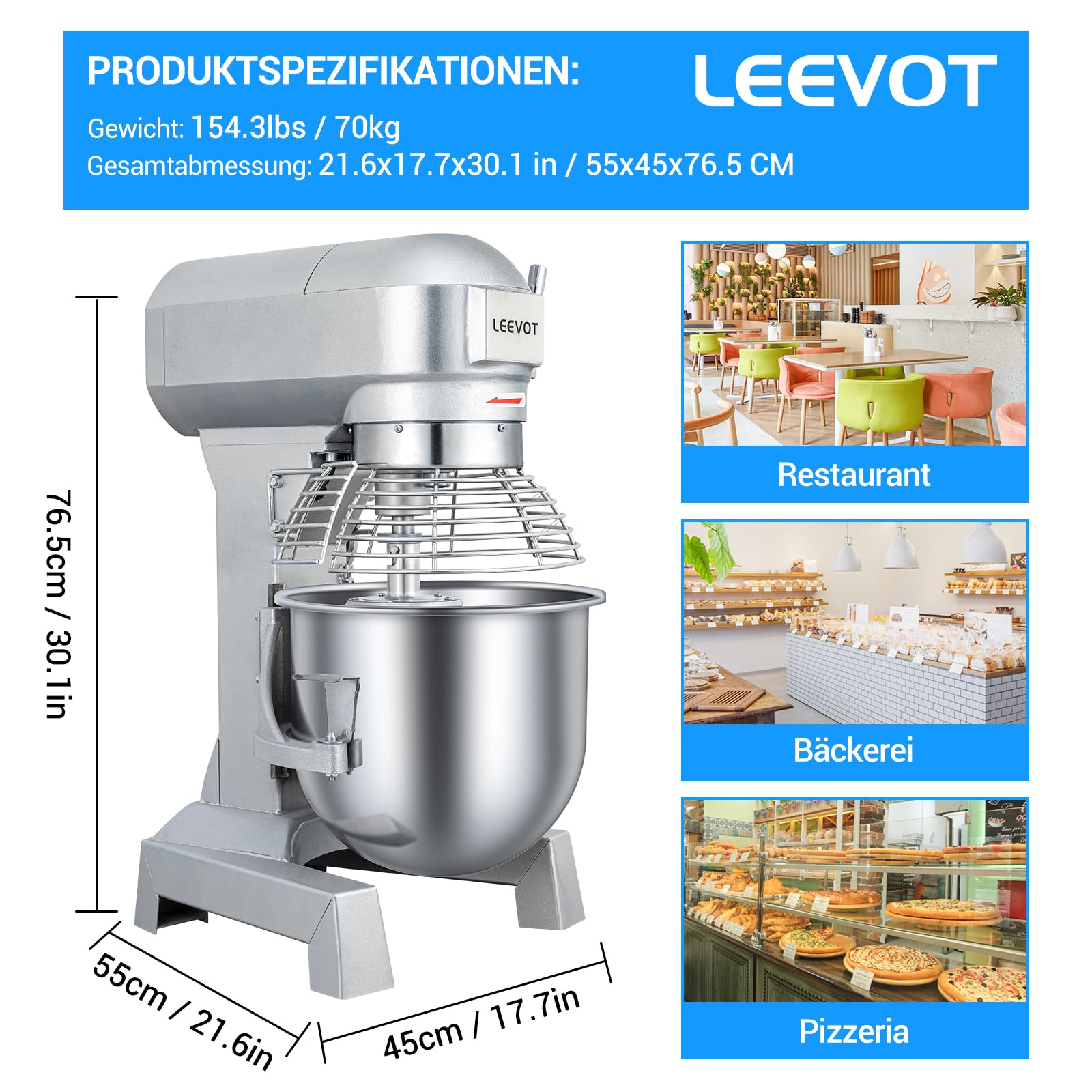 LEEVOT Impastatrice planetaria commerciale da 30L, impastatrice commerciale regolabile a 3 velocità da 1250W, impastatrice elettrica verticale per impieghi gravosi con vasca in acciaio inox per cucin