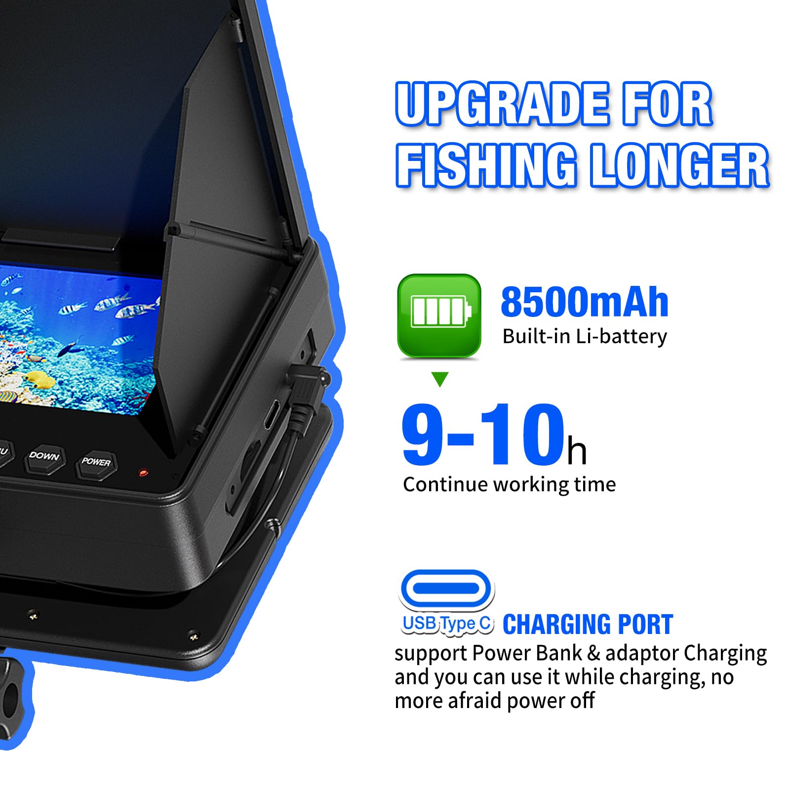 Fishfinder con Pantalla IPS de 4,3” Cámara de Pesca Submarina con Visión Nocturna, Localizador de Peces IP68 Impermeable, Batería 8500mAh, Portátil 1200TVL HD para Pesca en Hielo, Lago y Mar