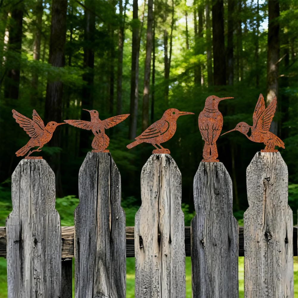 PRESSINART 5Pcs 5 Styles Rusty Bird Garden Ornaments, Bird Fence Toppers Hummingbirds Pattern Durable Decorative Metal Rust Iron Silhouettes Stakes for Home Outdoor Yard Patio Pathway Decorations