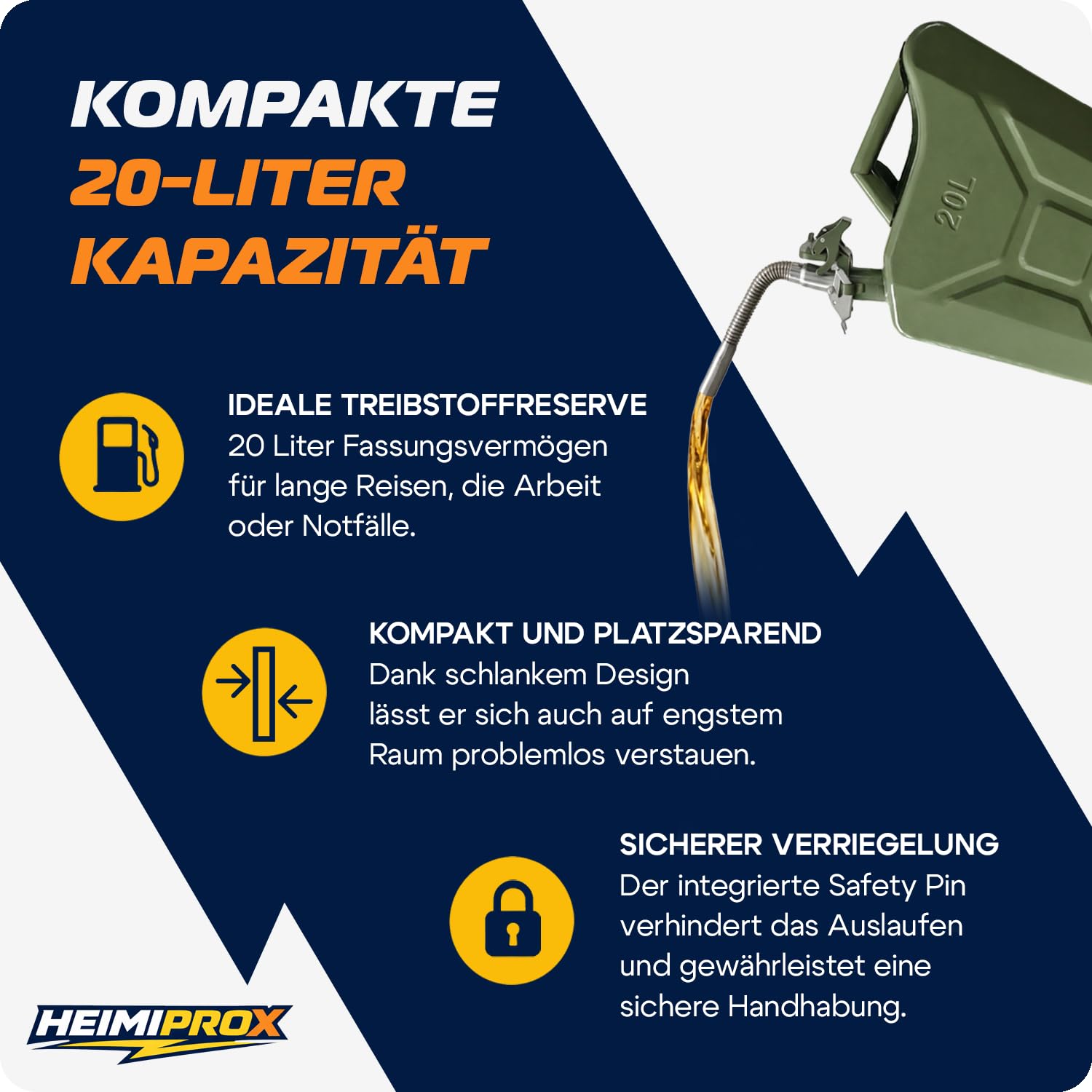 Benzinkanister 20l aus Stahl, inkl. Safety Pin - robuster Kraftstoffkanister 20l, Reservekanister für Treibstoff, Benzin, Diesel - 47x37x17cm & 3kg (Benzinkanister 20l mit Ausgießer)