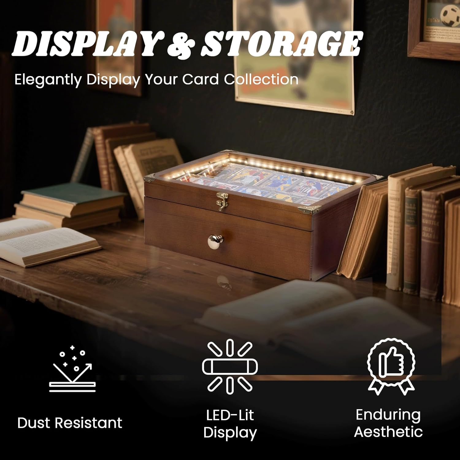 Card Display Case with LED Light Strip, Graded Card Display Box for Sports & Trading Cards, Holds 60+ Slabs, Wooden Storage Case with Drawer and Dividers, Fits Sleeved and Slabbed Cards