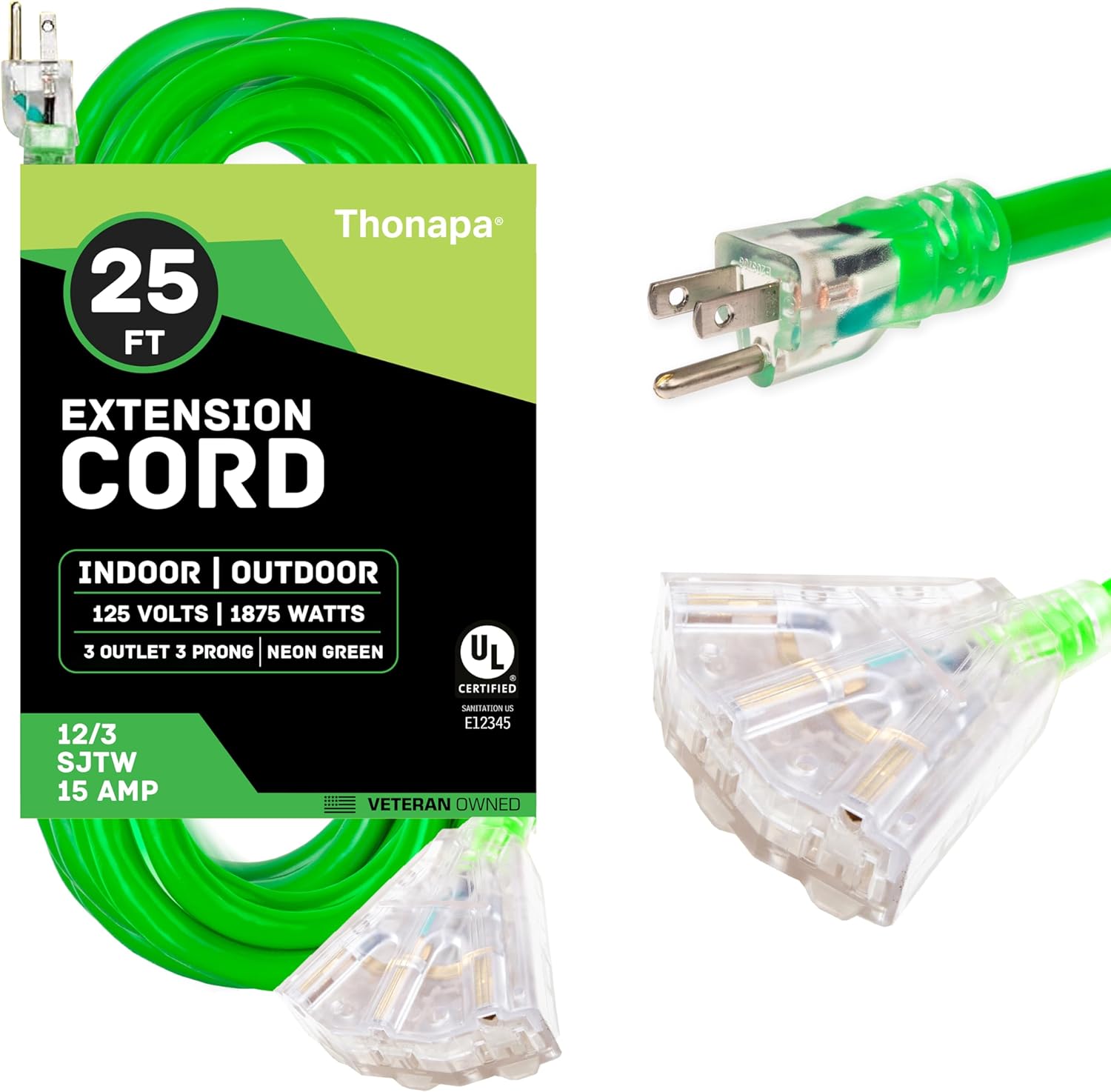 50 Foot Outdoor Extension Cord with 3 Electrical Power Outlets - 12/3 SJTW Heavy Duty Neon Green Extension Cable with 3 Prong Grounded Plug for Safety